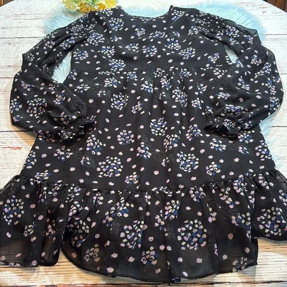 Urban Outfitters V Tie Neck Floral Ruffle Long Sleeve Mini Dress sz S - Picture 8 of 8